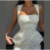 Women's White Floral Print Puff Sleeve Dress With Waistband Satin Ruffled Hem Maxi Dress Lady Elegant Party Robes