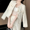 French White Tweed Crop Jacket for Women Autumn Elegant Slimming Decor Button Coat Woman Round Neck Long Sleeve Outerwear