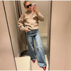 Women Camel Ribbed Knit Cardigan Zip Up High Collar Long Sleeve Cropped Sweater Flap Pockets Jacket Casual Autumn Outfits