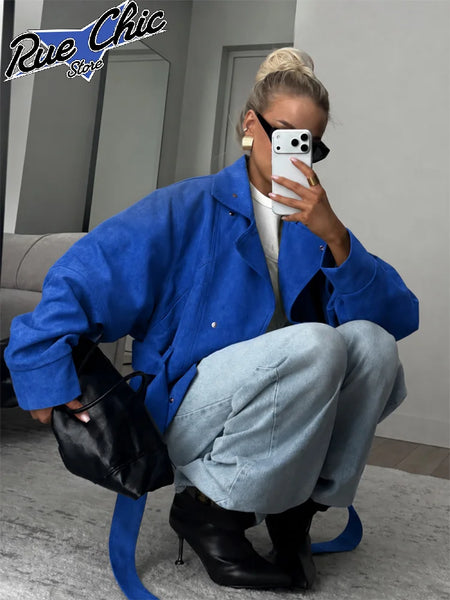 Solid Tie Waist Cinching Suede Jackets Women Chic Stand Up Collar Loose Crop Short Coats Lady Autumn Commute Daily Outfit
