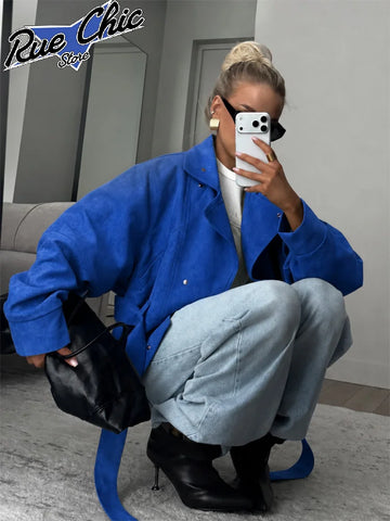 Solid Tie Waist Cinching Suede Jackets Women Chic Stand Up Collar Loose Crop Short Coats Lady Autumn Commute Daily Outfit