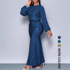 Shiny Women's Dress Spring Autumn O-neck Long Sleeve Slim Hips Banquet Long Dress Female Pleated Party Fishtail Dresses