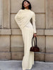 Elegant Shawl Dress Women Classic Basics Ruched O-Neck Full Sleeve Chic Stretch Skinny Party Banquet Activity Outfits