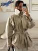 Elastic Drawstring Waist Jackets Women Casual Stand Collar Long Sleeves Cropped Trench Outerwear Lady Autumn Daily Windbreaker