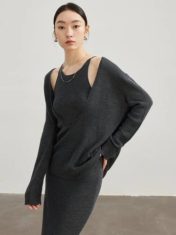 French Knitted Set Dress Women's Early Autumn Woolen Hoodie Strap Skirt Two Piece Set