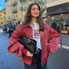 Women Stand Collar Leather Pilot Jacket Red Zipper Cropped Coat Casual Outerwear Streetwear