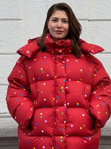 Printed Hooded Women Puffer Coat Detachable Hood Stand Collar Quilted Padded Loose Long Sleeve Winter Warm Outerwears