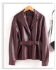 Women Split Leather Blazer With Slim Waist Belt Spring Autumn Notched Collar Loose Leather Jacket Female Coat