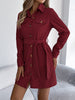 Autumn Winter Casual Solid Color Corduroy Women Dresses Elegant Single Breasted Long Sleeve Lace Up Mini Dress Khaki Black Red
