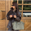 Street Waist Cinching Leather Jacket Women Loose Solid Stand Collar Zipper Pocket Jackets Spring Lady Outwear