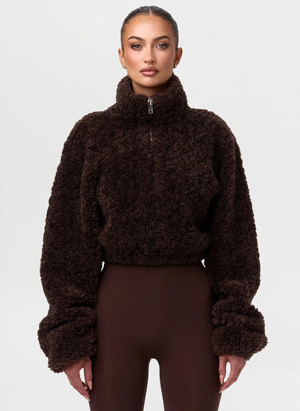 Women Cropped Teddy Fleece Jacket Half Zip High Neck Long Cuff Sleeve Loose Casual Autumn Winter Fuzzy Warm Outerwear