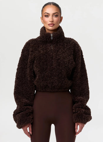 Women Cropped Teddy Fleece Jacket Half Zip High Neck Long Cuff Sleeve Loose Casual Autumn Winter Fuzzy Warm Outerwear