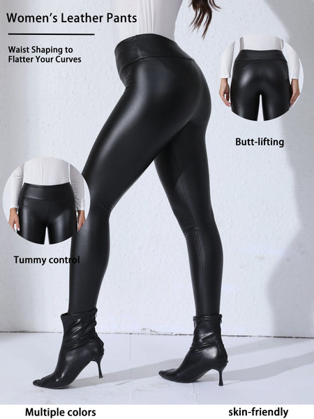 Women PU Leather Fleece-lined Leggings With Pockets Elastic Slim Skinny Pants High Waist Daily Casual Trousers