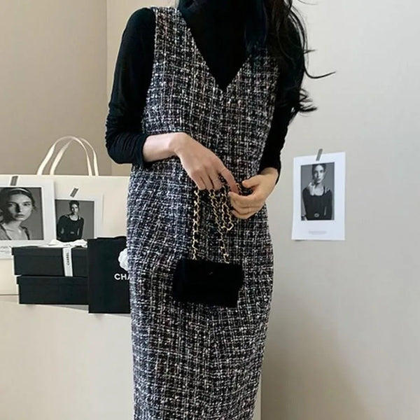 Women Dresses Tweed Japanese V Neck All Match Sequined Vestidos Mujer Korean Autumn Robe Femme Chic Clothes