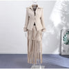 Women Two-Piece Set Turn‑Down Collar Long Sleeve Cinched Waist Blazer Maxi Fringe Slit Skirts Elegant Chic Outfits