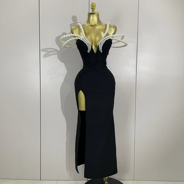 Designer Pearls V Neck Maxi Long Bandage Bodycon Dress Women Celebrity Evening Party Birthday Gowns Singer Stage Costumes