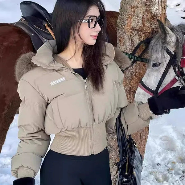 Winter Cropped Parkas for Women Faux Fur Collar Hooded Cotton-Padded Jacket Thicken Warm Bread Down Cotton Coat