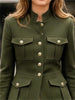 Women's Military Style Jackets Army Green Stand Collar Gold Button Slim Fit Multi-Pocket Casual Office Blazer Outerwears