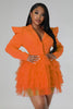 Vintage Women Single Breasted Notched Neck Puff Long Sleeve Mesh Cascading Ruffles Big Swing Blazer Dress Chic Vestidos