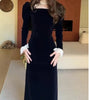 Women Dress Spring Autumn Square Collar Long Sleeve Velvet Patchwork Lace Cinched Waist Elegant Temperament Long Dress