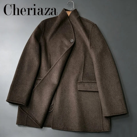 Chic V-neck Stand Collar Woolen Suit Jacket Women Single Button Full Sleeves Short Coats Lady Daily Street Casual Outerwear
