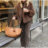 Solid Brown Fluffy Fur Jacket Women's Casual Lapel Loose Long Sleeves Thicken Warm Short Coat Winter Lady Commute Wear