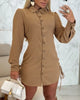 Women's Long Sleeve Button Down Shirt Dress with Turn Down Collar and Side Drawstring Mini Dress