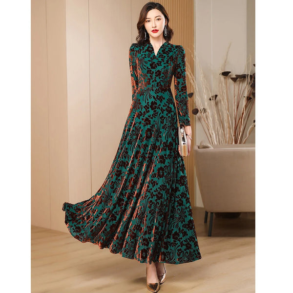 Spring Autumn Gold Velvet Long Sleeve Dress For Women High Grade Green Plush Jacquard Long Dress Female Elegant Dresses 4XL
