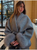 Elegant Lace Up Woolen Short Coat Solid Loose Lapel Furry Long Sleeve Belt Waist Jacket Spring Autumn Lady Chic Cardigan