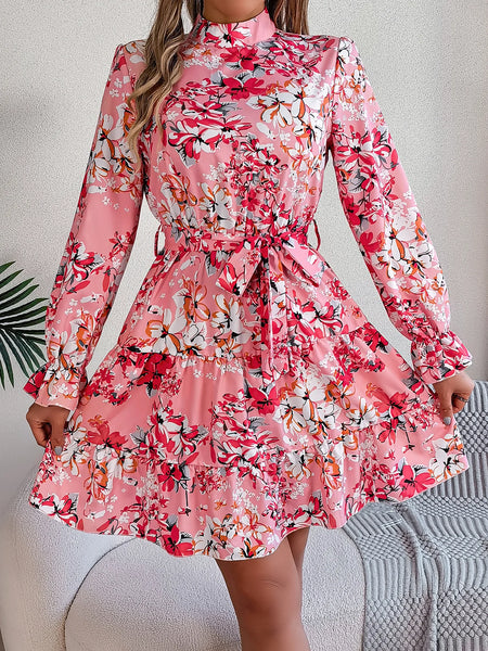 Elegant Mock Neck Belted Ruffle Hem Floral Print Dress For Spring & Fall, Women's Clothing
