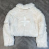 Winter Women Cotton Jacket Lapel Long Sleeve Patch Cross Short Fur Coat Black