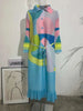 Maxi Pleated Dress For Women Lapel Single Breasted Long Sleeves Color Block Tassel Hem Loose Chic Clothing Autumn 2R5928