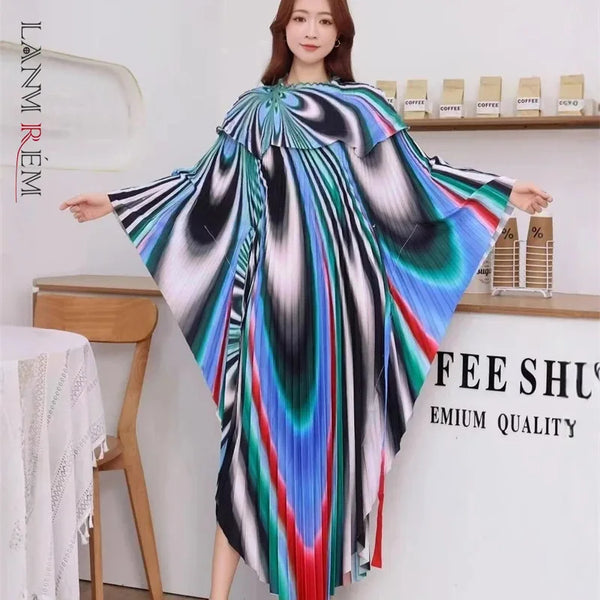 Pleated Printting Batwing Sleeve Dress For Women Spring Autumn Chic V-Neck Loose Famale Clothing 2DB4541