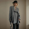 Contrast Color Ribbon Blazer Women's Notched Collar Loose Single Button Long Sleeves Split Suit Jacket