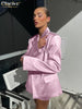 Loose Pink Satin 2 Piece Sets Women Outfit Elegant Long Sleeve Blazer With Mid Waist Mini Skirts Set Female