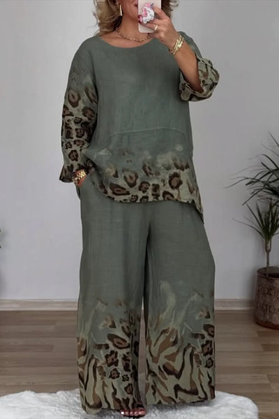 Women Casual Leopard Printed Plus Size Two Piece Pant Set Round Neck Vintage Long Sleeve Matching Set for Autumn