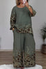 Women Casual Leopard Printed Plus Size Two Piece Pant Set Round Neck Vintage Long Sleeve Matching Set for Autumn
