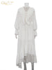 Sexy Loose White Women's Dress V-Neck Long Sleeve Ankle Length Dresses Elegant Classic Pleated Female Dress