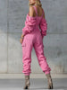 Spring Vintage Denim Jumpsuit Woman Solid Zipper Off-shoulder High Wait Loose Cargo Pants Romper Long Sleeve Overalls