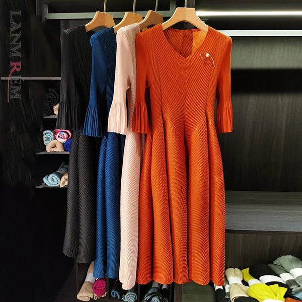 Spring Pleated Women's Bud Dress Round Neck Elegant Mid-Length V Collar Famale Clothing Chic 2DB6618