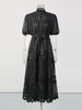 Dot Print Sheer Dress for Women Stand Collar Puff Sleeve High Waist Patchwork Lace Up Elegant Casual Dresses Female