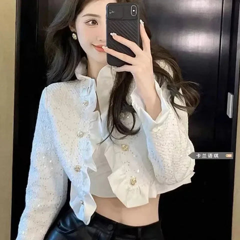 White Cropped Jackets for Women Korean Ruffles Double-Breasted Coat Ladies Elegant Chic Short Tweed Cardigans