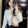 White Cropped Jackets for Women Korean Ruffles Double-Breasted Coat Ladies Elegant Chic Short Tweed Cardigans
