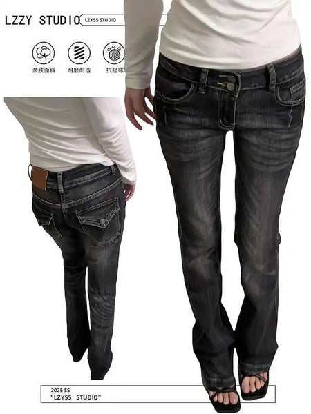 Women's Skinny Denim Pants Kpop Designer 2000s Abi Bell Bottom Low Rise Jeans Abi Long Trousers Japanese Y2k Grunge High Street