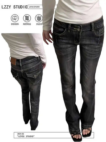 Women's Skinny Denim Pants Kpop Designer 2000s Abi Bell Bottom Low Rise Jeans Abi Long Trousers Japanese Y2k Grunge High Street