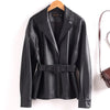 Women Split Leather Blazer With Slim Waist Belt Spring Autumn Notched Collar Loose Leather Jacket Female Coat