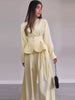 Solid Yellow Pant 2 Piece Set Women's Full Sleeves Buttons Waist-cinching Coats Wide-leg Trousers Ladies Autumn Outfit