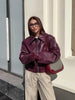 Womens Jacket Outerwears Cropped Faux Leather Jacket Autumn Long Sleeve Burgundy Bomber Jackets Casual Zipper Short Jacket