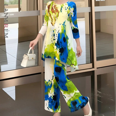 Blue Green Tie-Dye Print Women's Two-piece Set Three-quarter Sleeves A-line Top Wide Leg Pants Spring 2DB7115