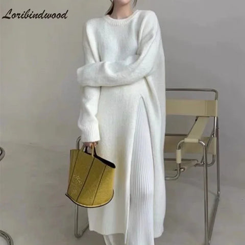 Autumn Winter Style Loose and Lazy Hedging Side Slit Over The Knee Long Knitted Sweater Dress One-piece Women